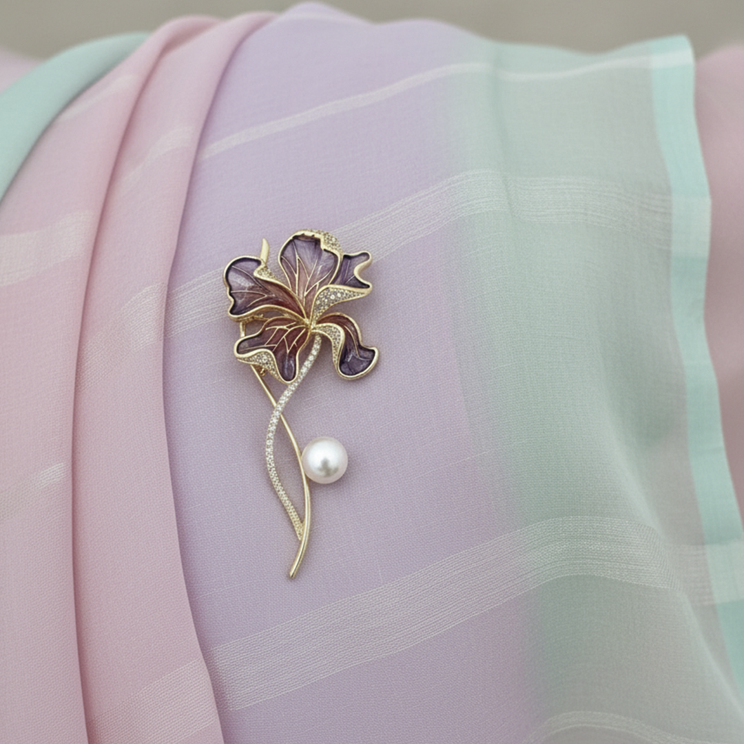 Women’s Floral Brooch in Purple with Pearl Accent