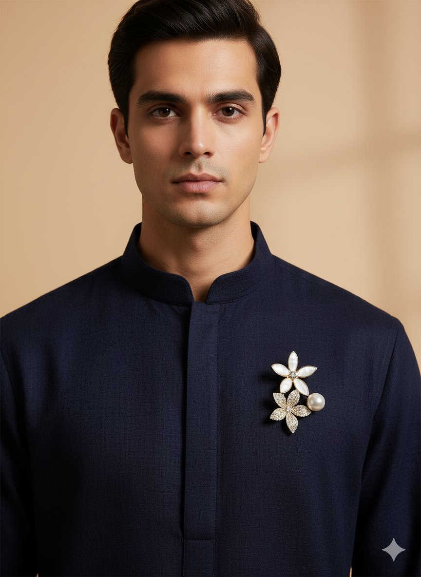 Unisex Floral Double Bloom Brooch with Pearl & Crystal Accents