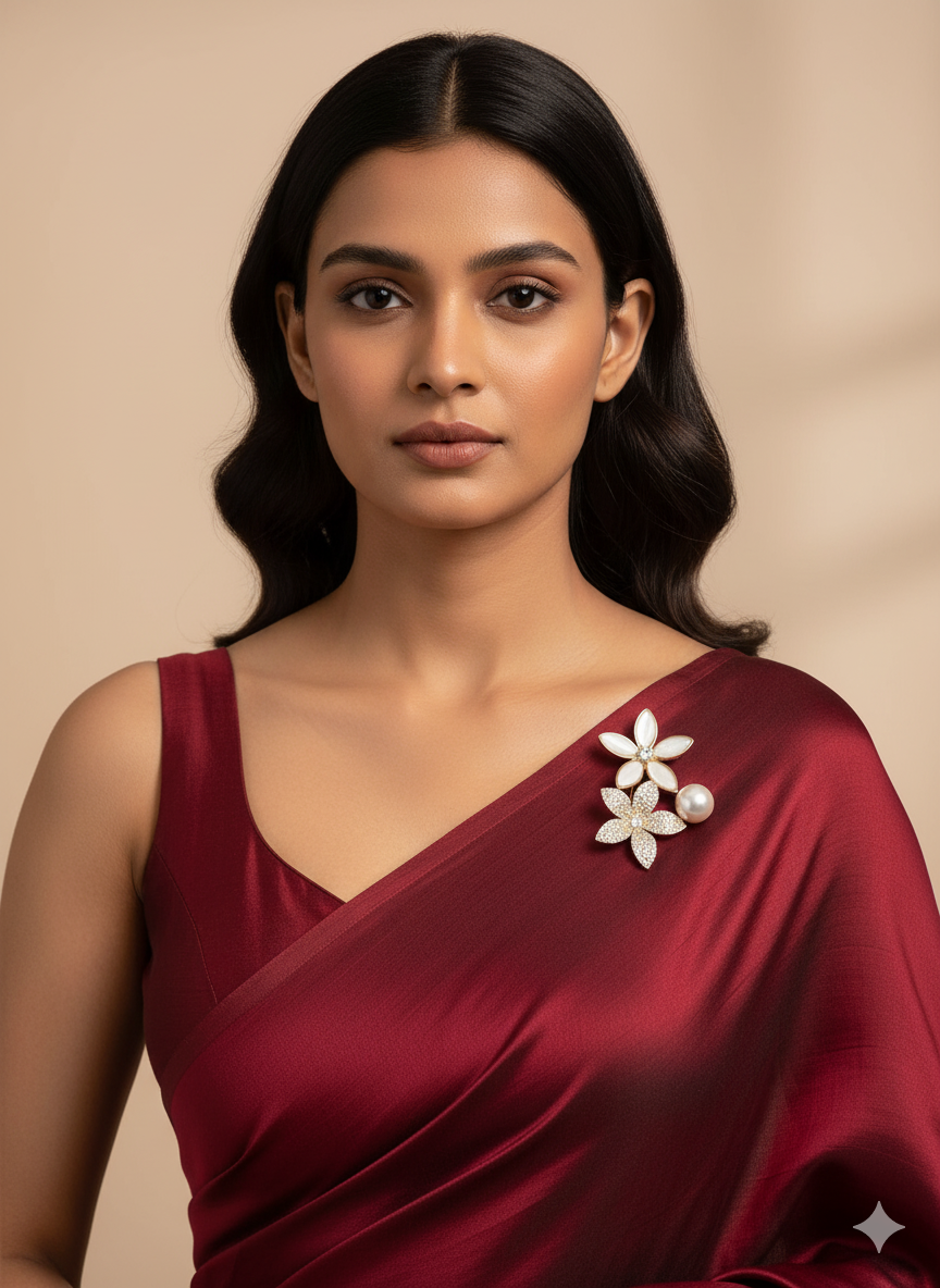 Unisex Floral Double Bloom Brooch with Pearl & Crystal Accents