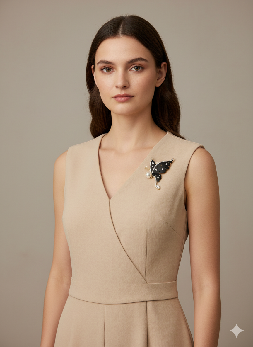 Unisex Butterfly Brooch in Black with Pearl & Crystal Accents