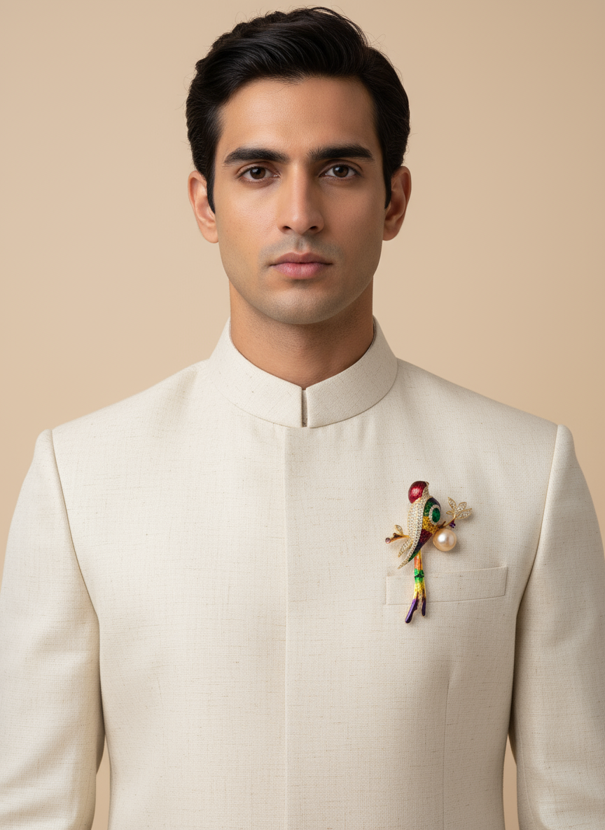 Unisex Parrot Brooch in Gold with Multicolor & Pearl