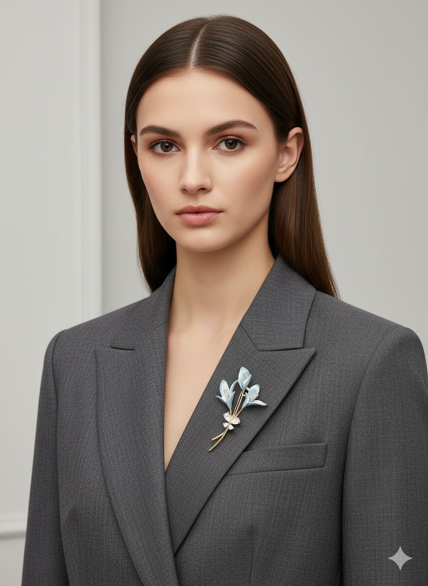 Unisex Blue Floral Brooch with Crystal Detailing