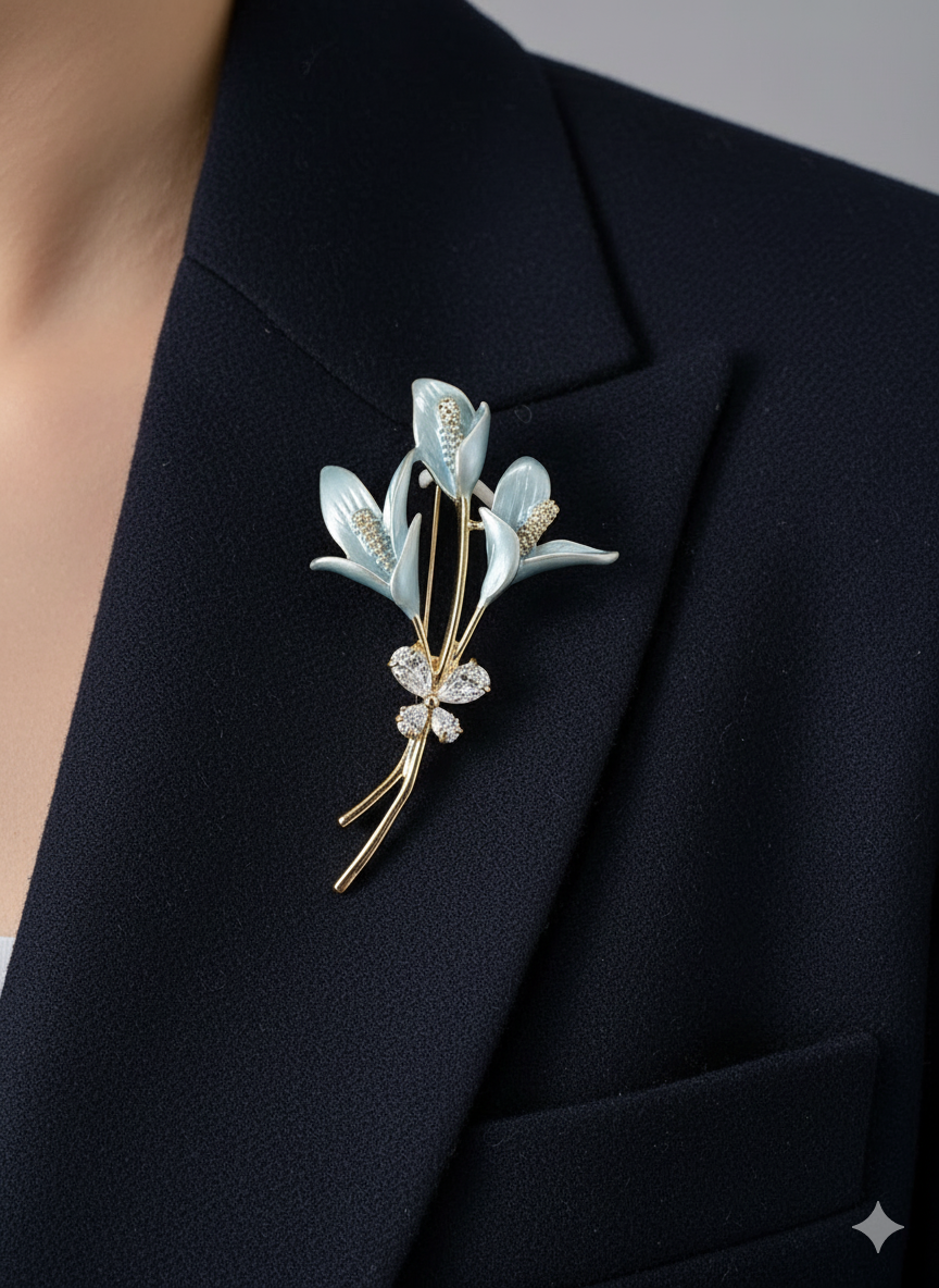 Unisex Blue Floral Brooch with Crystal Detailing