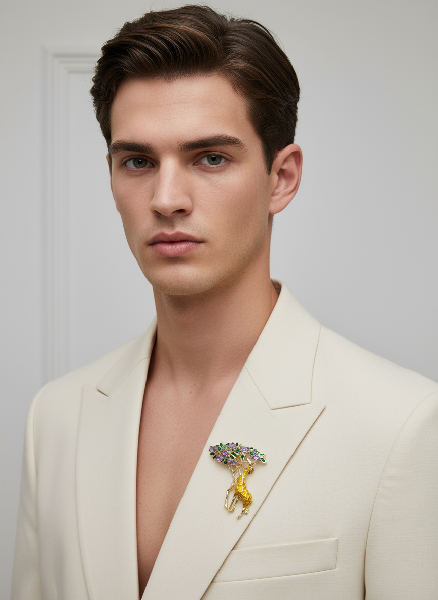 Unisex Giraffe Brooch in Gold with Enamel & Stones