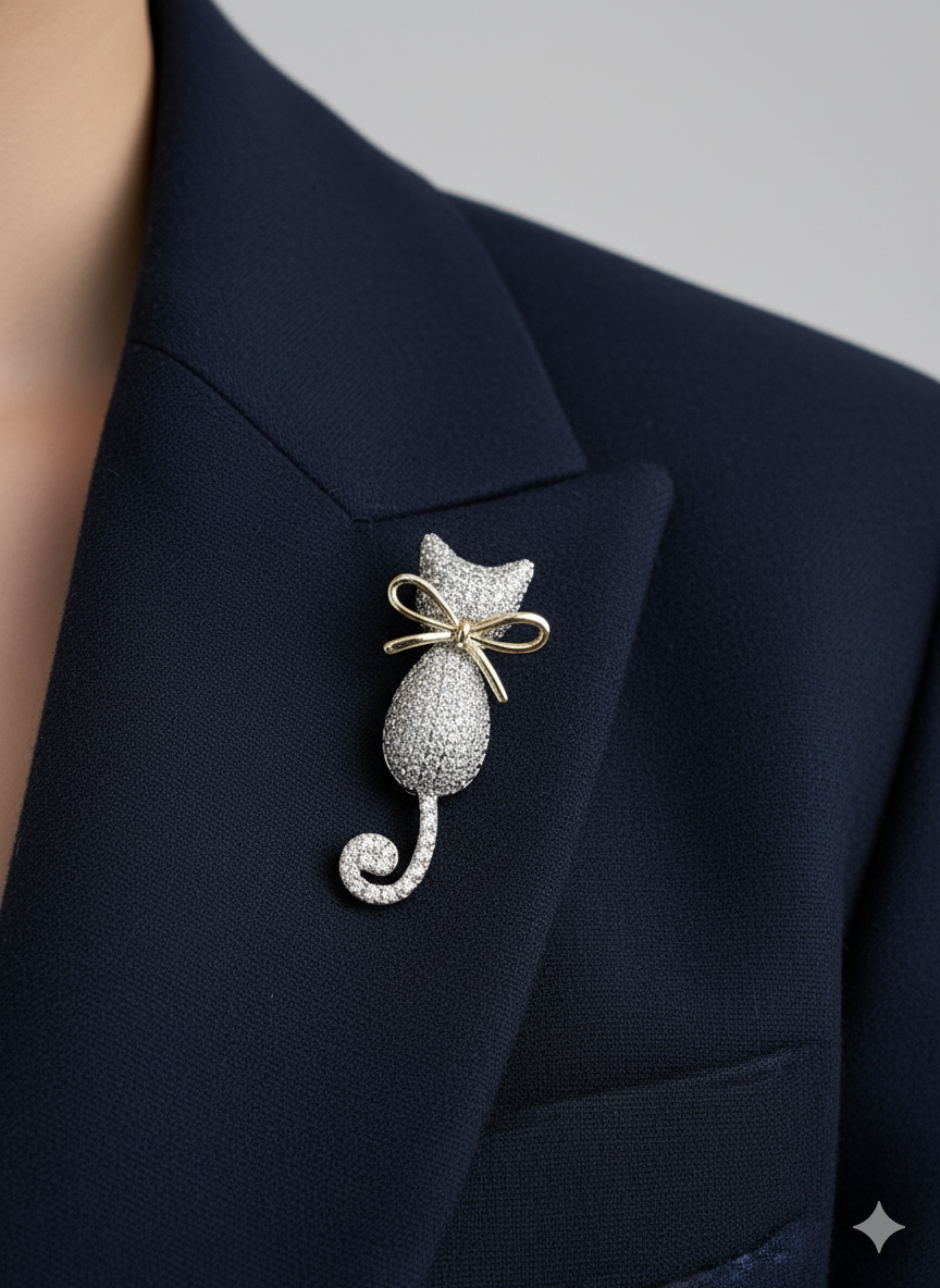 Unisex Cat Brooch with Crystal Detailing