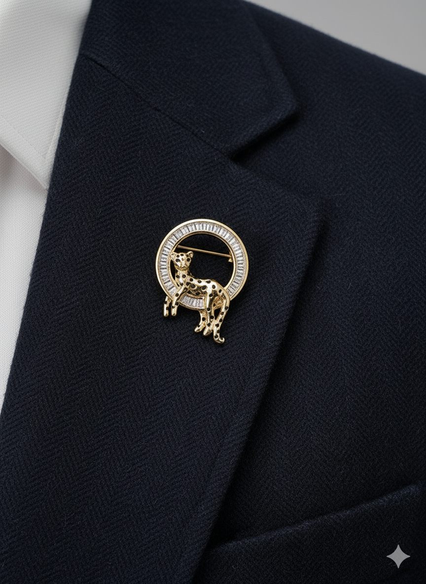 Men’s Leopard Brooch in Gold with Crystal Detailing
