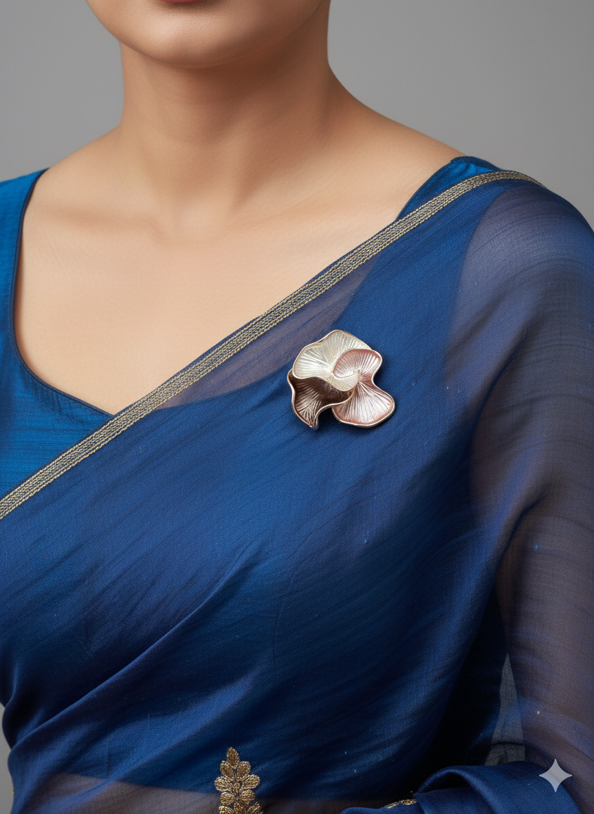 Unisex Floral Brooch with Metallic Two-Tone Finish
