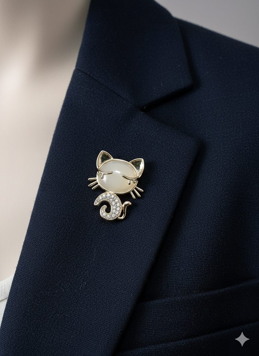 Unisex Cat Brooch in Gold with Crystal & Gemstone Detailing