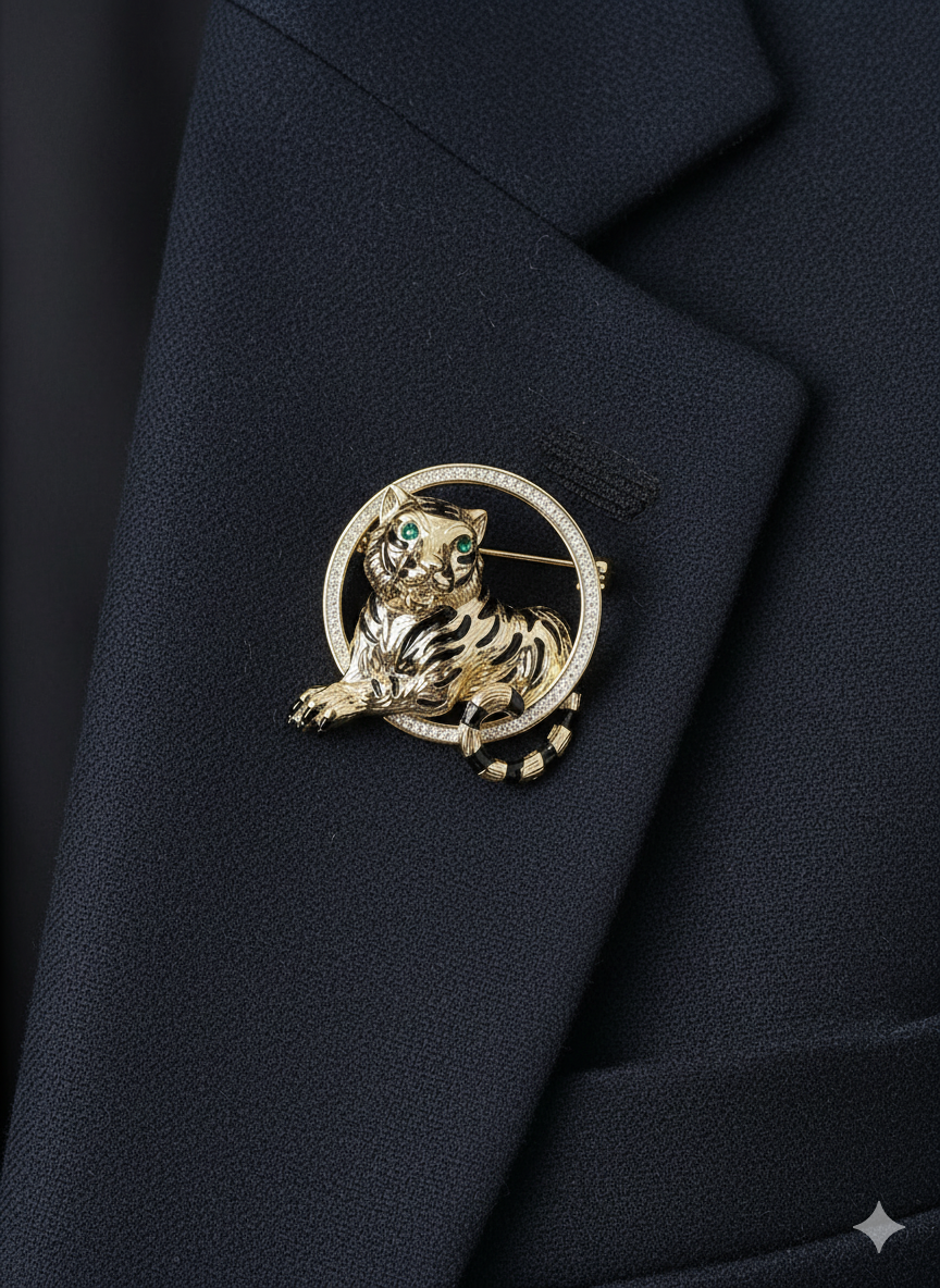 Men Tiger Brooch in Gold with Crystal & Enamel Detailing