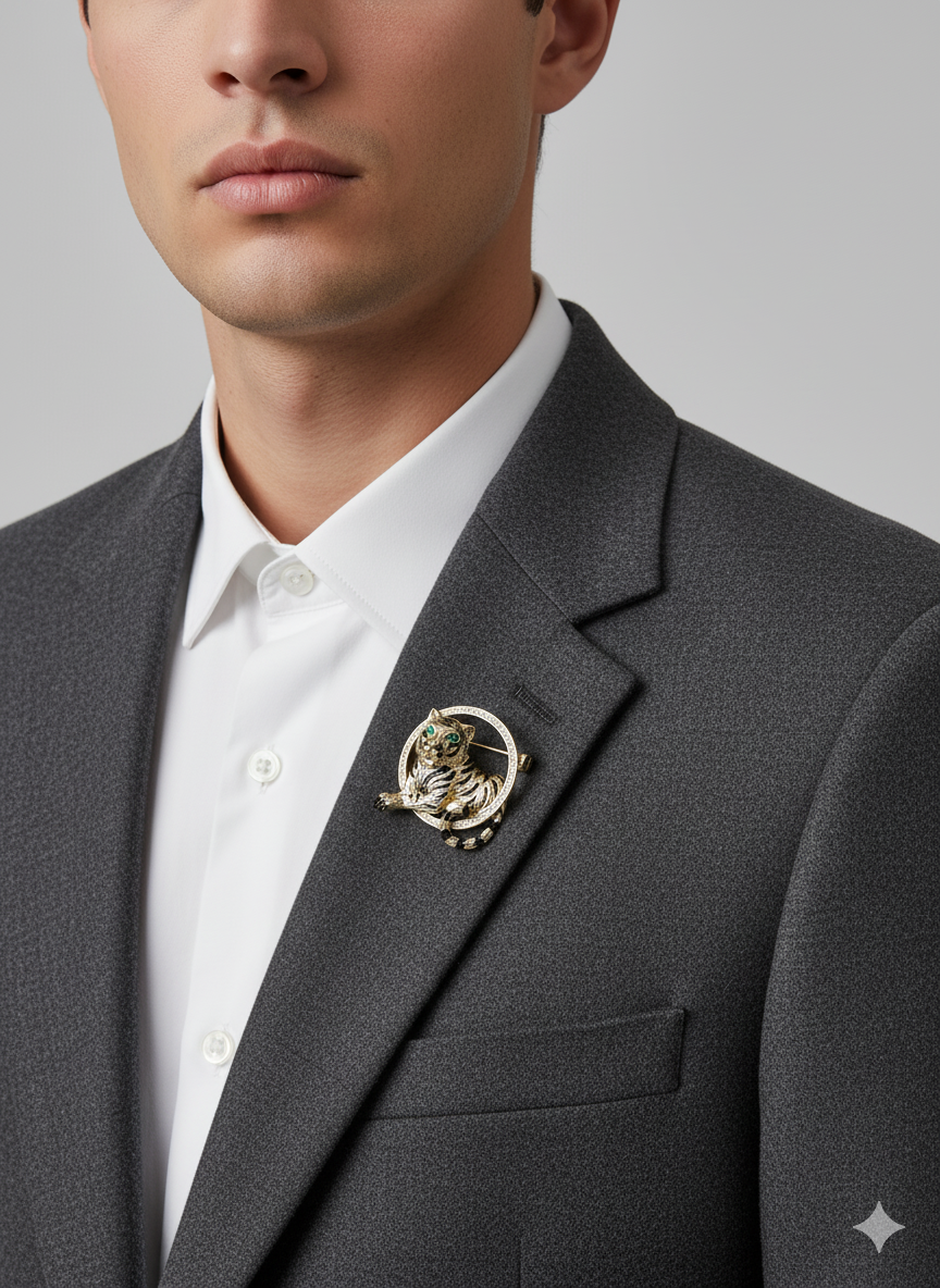 Men Tiger Brooch in Gold with Crystal & Enamel Detailing