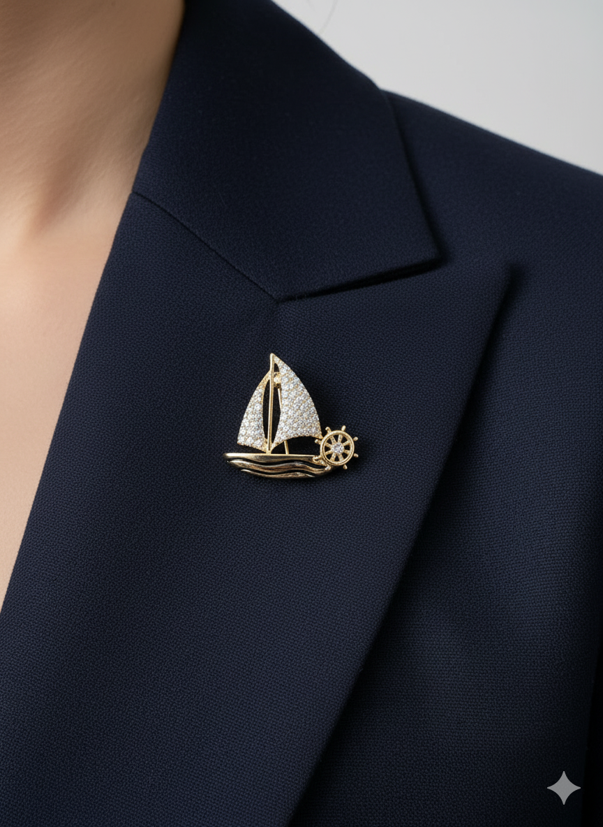 Men Sailboat & Wheel Brooch in Gold with Crystal Accents