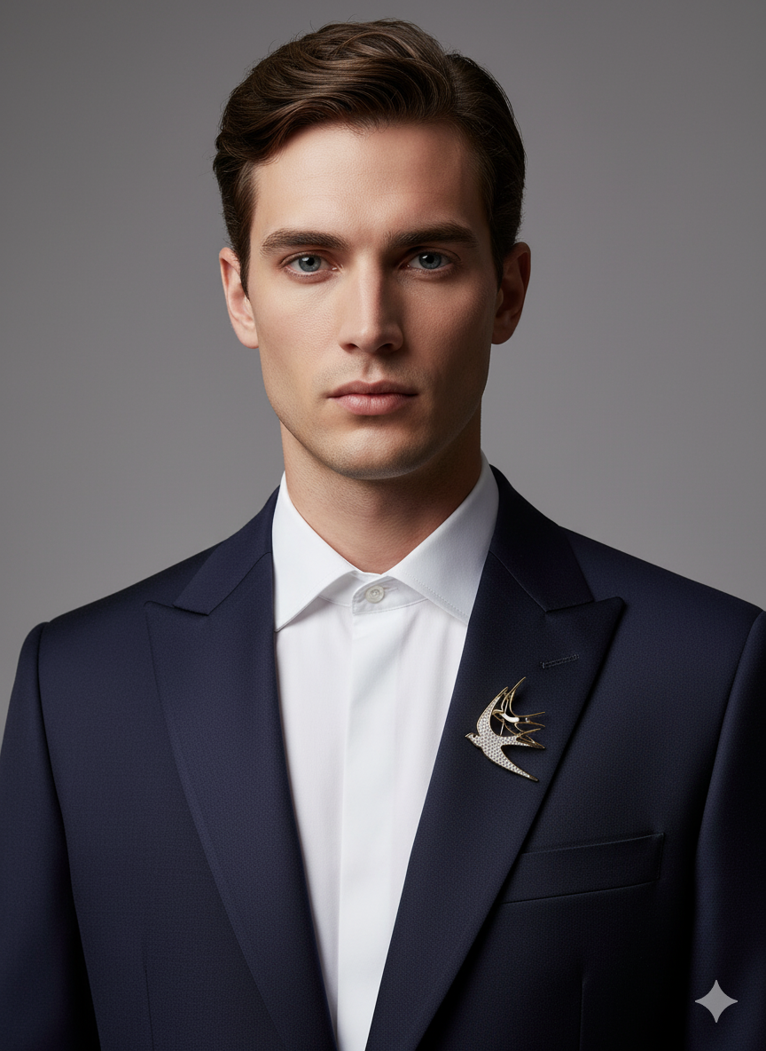 Unisex Bird Brooch in Gold with Crystal Accents