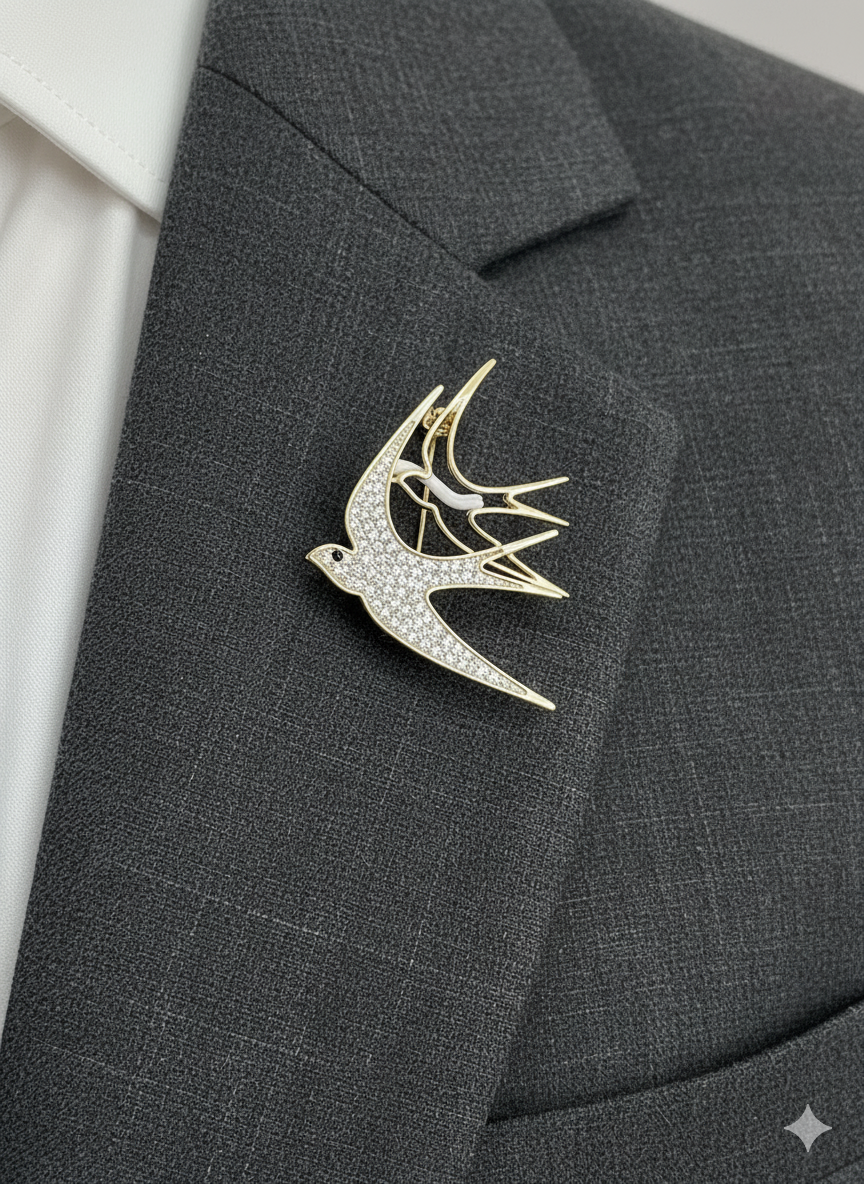 Unisex Bird Brooch in Gold with Crystal Accents