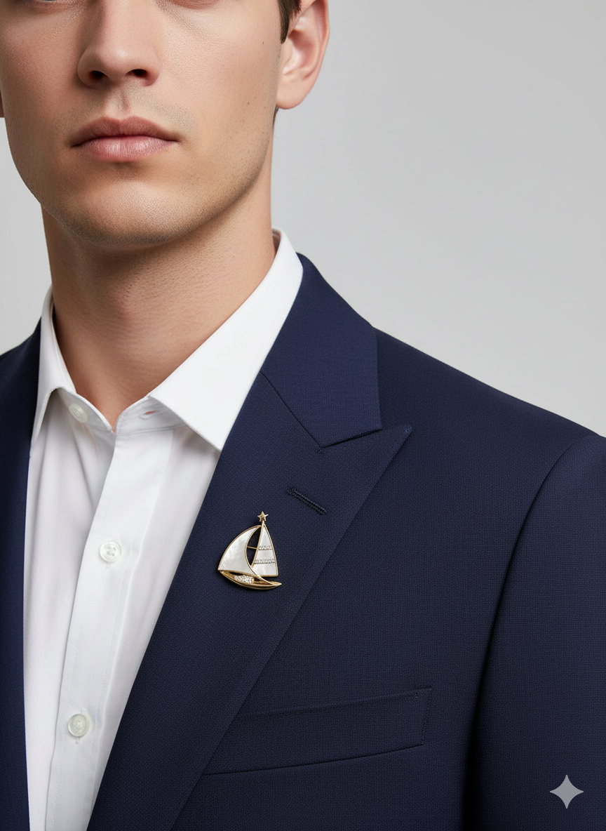 Men’s Sailboat Brooch in Gold with Mother of Pearl & Crystals