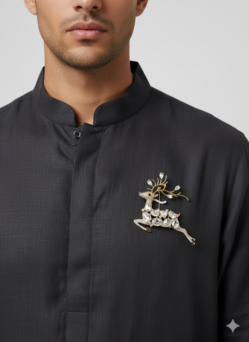 Unisex Deer Brooch in Gold with Crystal Accents