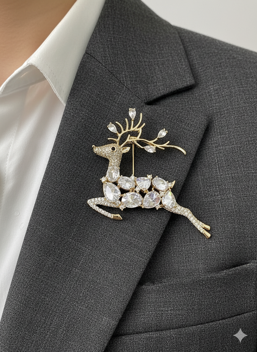Unisex Deer Brooch in Gold with Crystal Accents