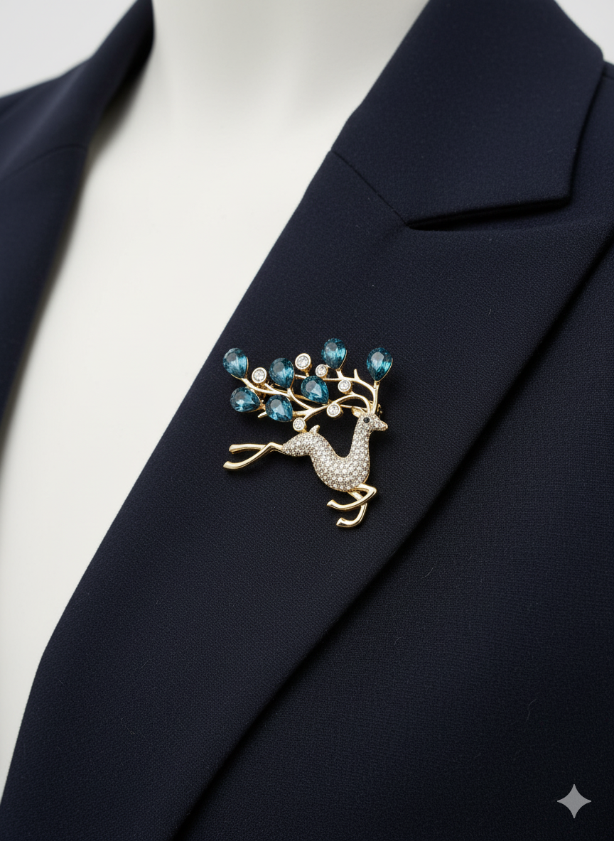 Unisex Deer Antler Brooch with Blue Crystal Accents