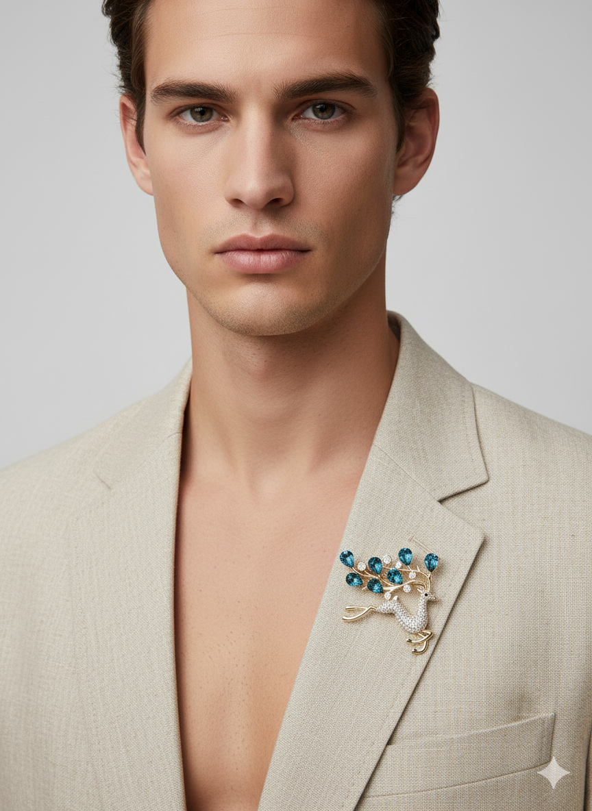 Unisex Deer Antler Brooch with Blue Crystal Accents