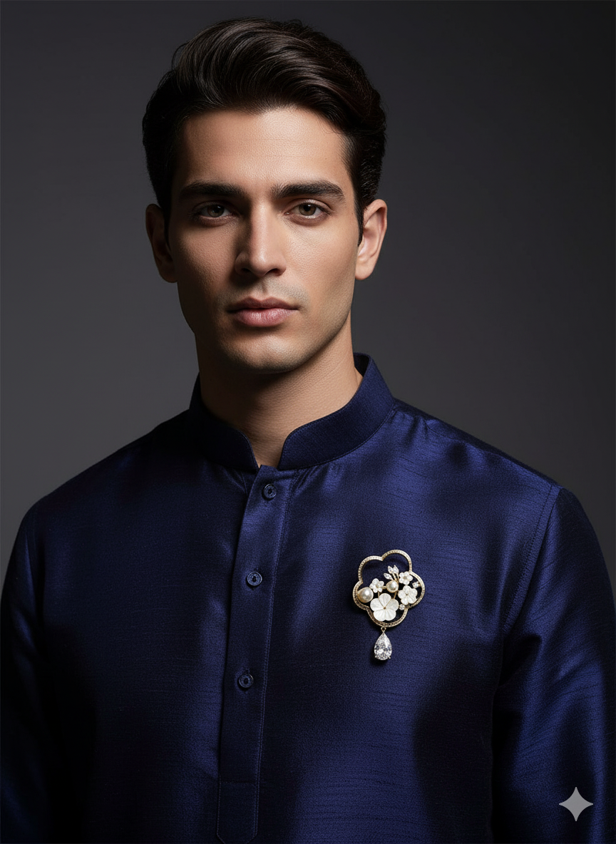 Unisex Floral Pearl & Crystal Drop Brooch