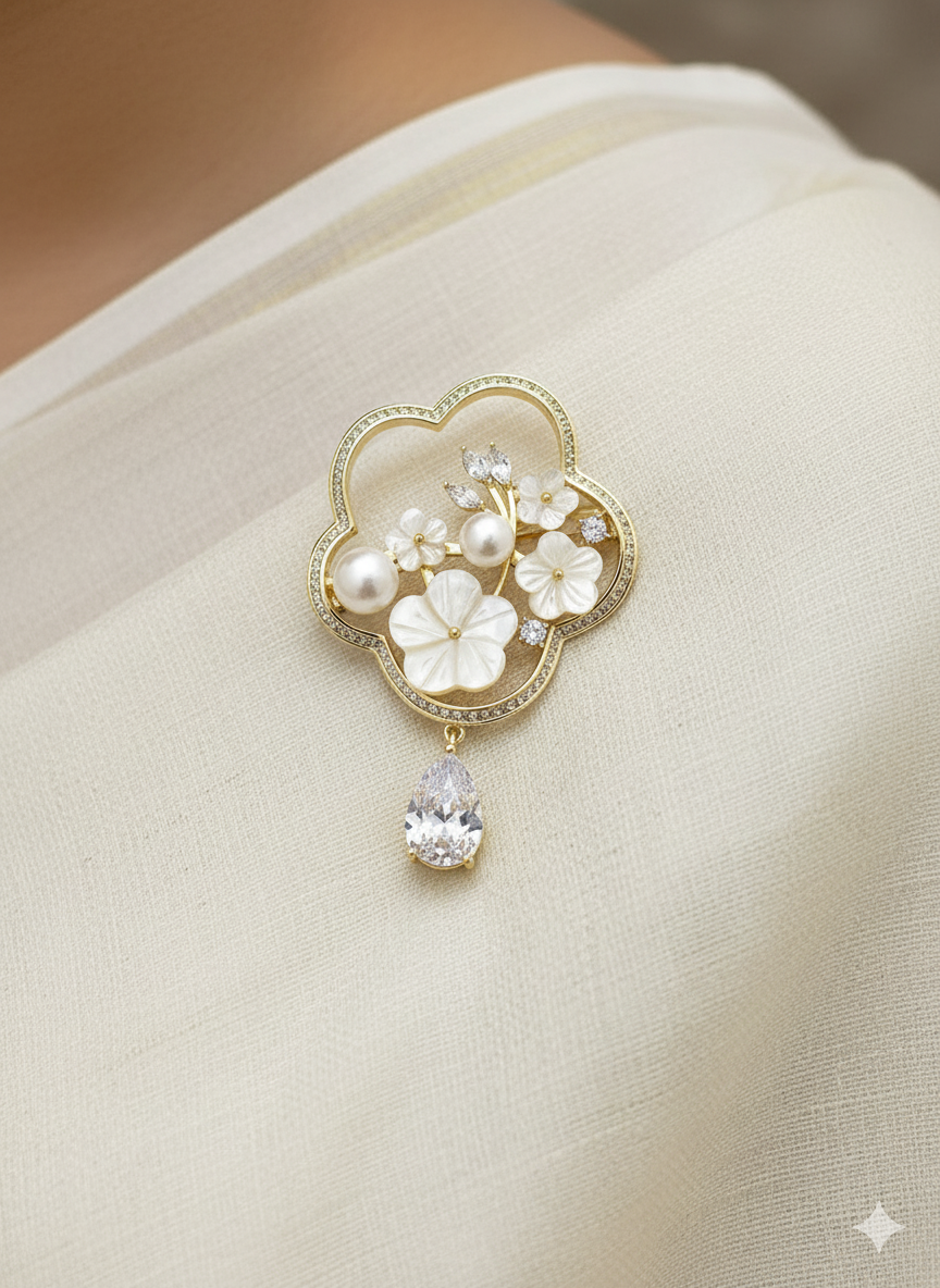 Unisex Floral Pearl & Crystal Drop Brooch