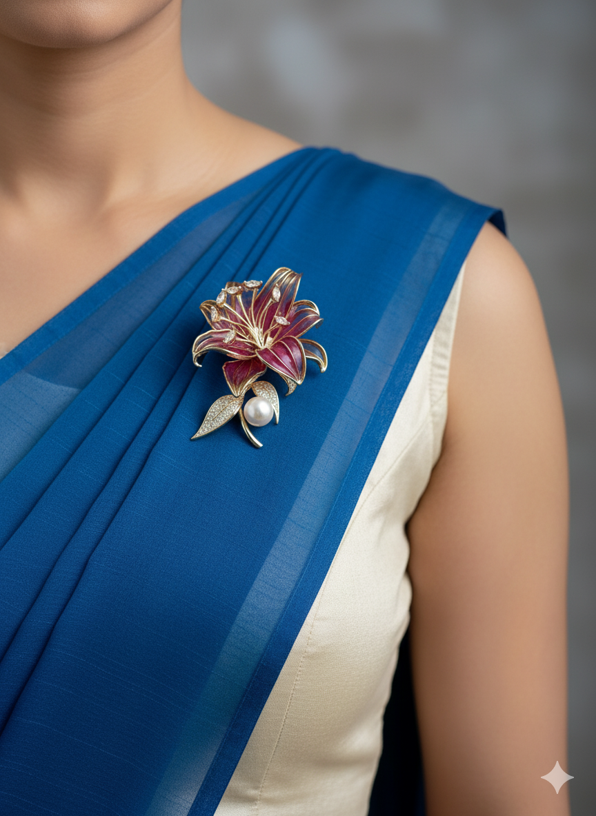Red Lily Pearl Floral Brooch – Women’s Jewelry in Enamel - Styled View