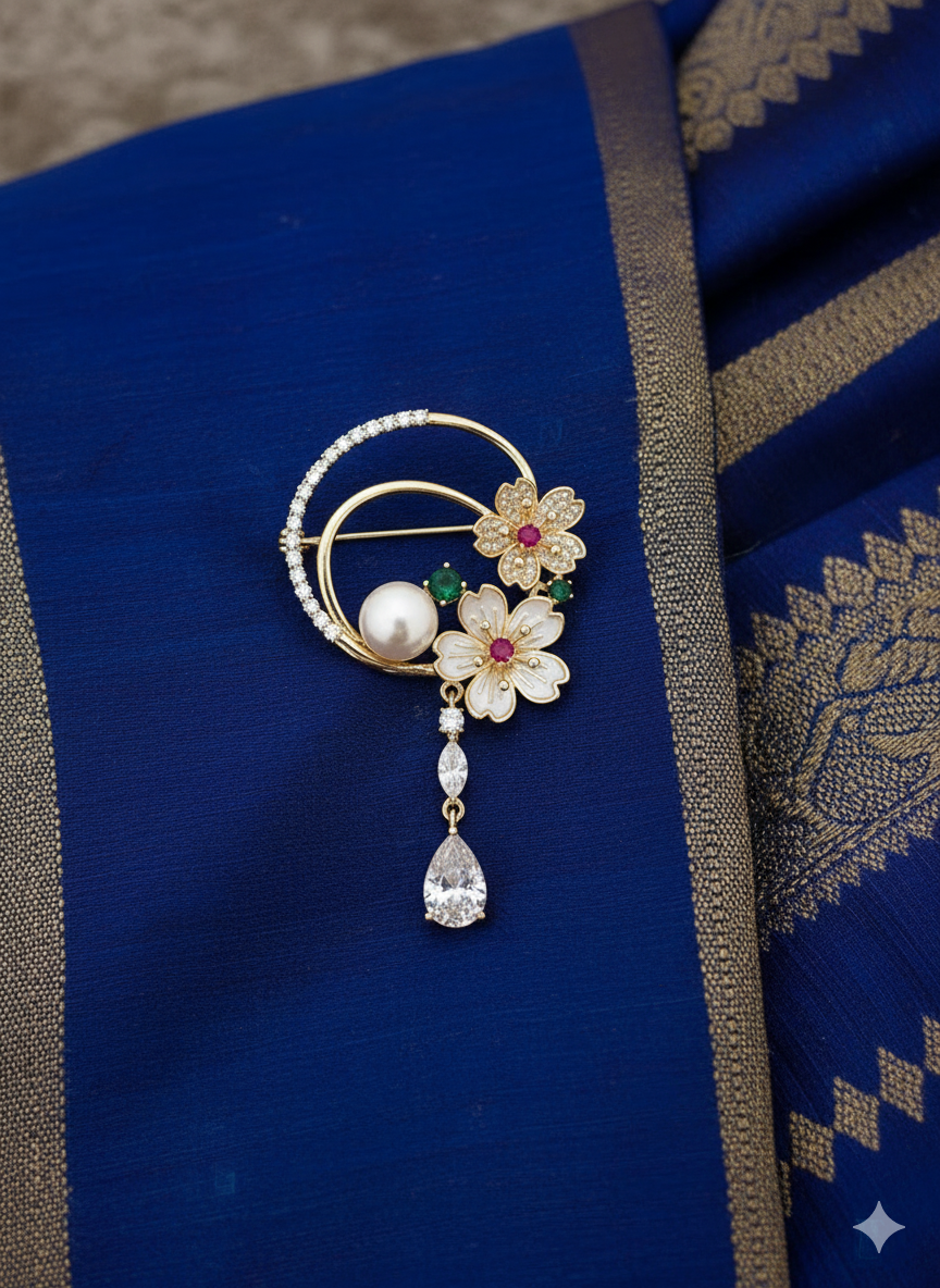 White Floral Pearl Leaf Brooch