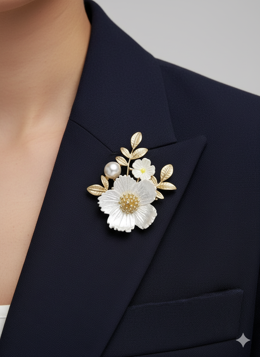 White Floral Pearl Leaf Brooch