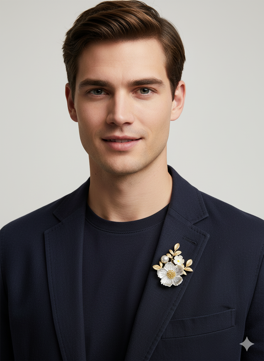 White Floral Pearl Leaf Brooch