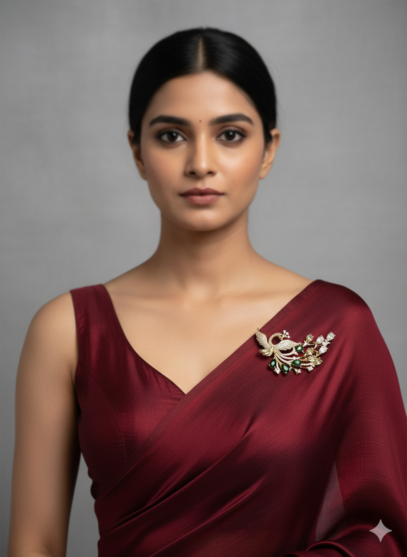 Aura Bling Gold Plated Peacock Brooch With Green & White Stones