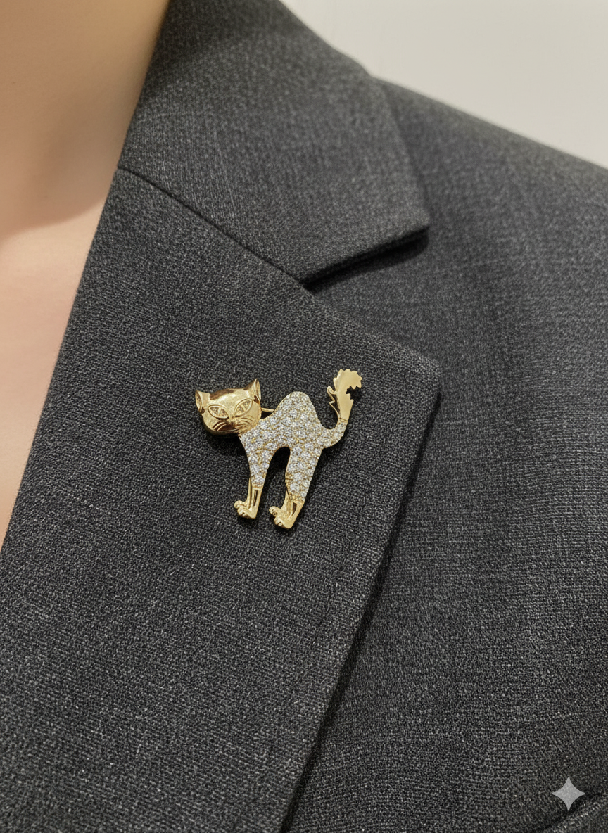 Cat Crystal Gold Brooch