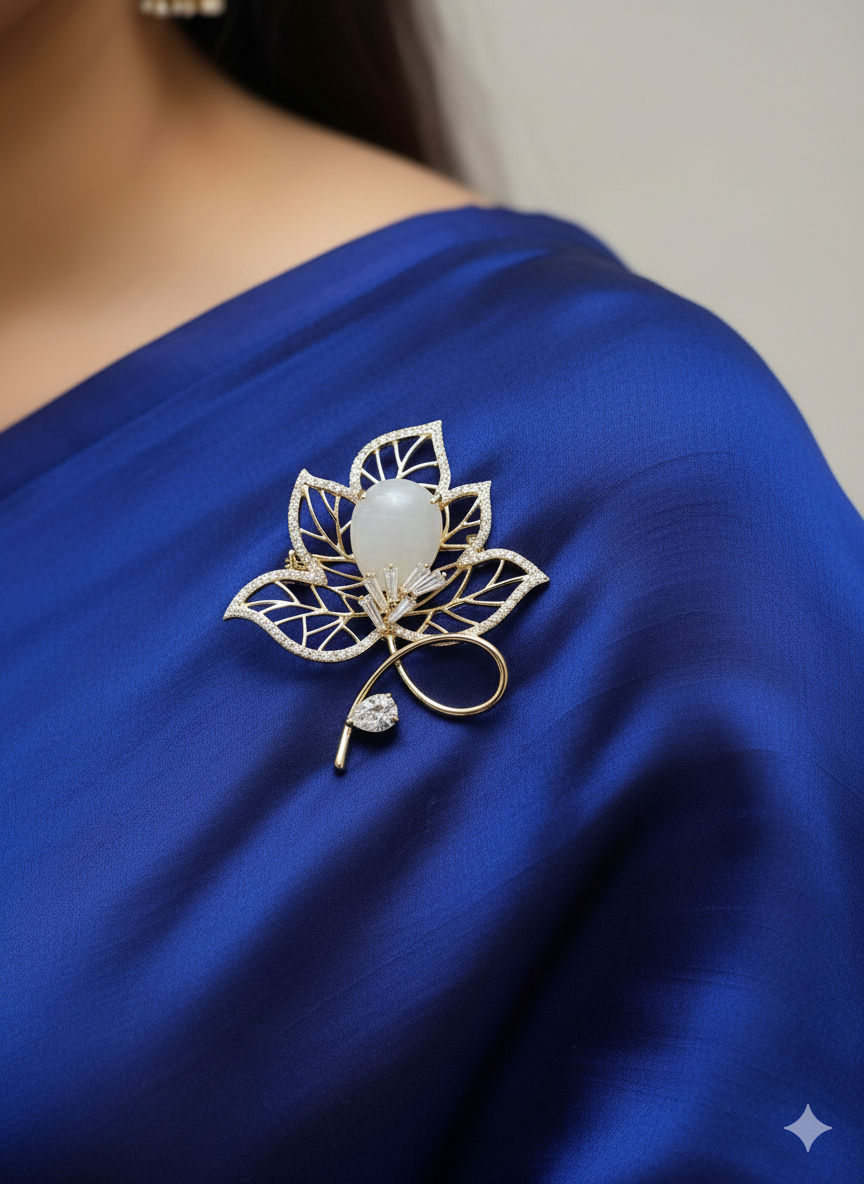 Pearl Leaf Gold Brooch