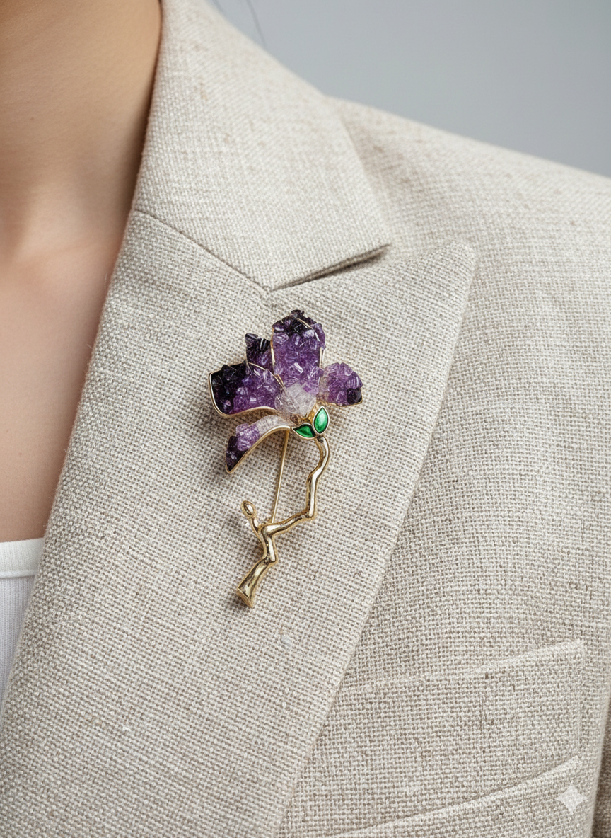 Purple Flower Gemstone Brooch
