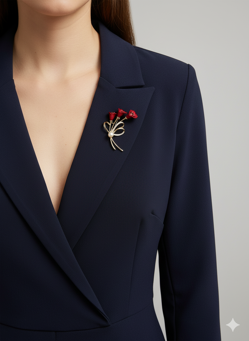 Unisex Red Floral Bouquet Brooch with Pearl & Crystal Accents