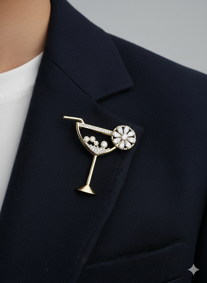 Unisex Cocktail Glass Brooch with Crystal Detailing