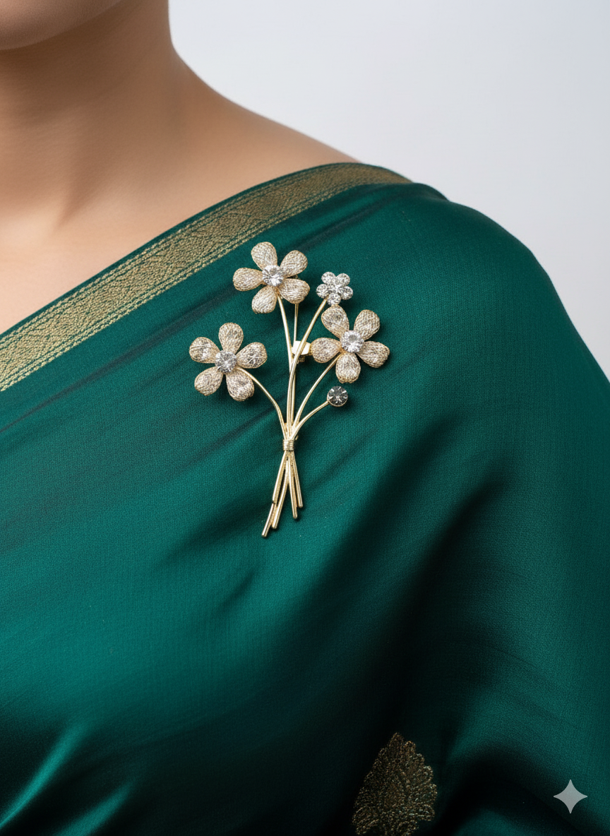 Unisex Golden Floral Bouquet Brooch with Crystal Accents