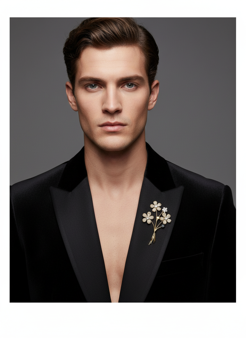 Unisex Golden Floral Bouquet Brooch with Crystal Accents