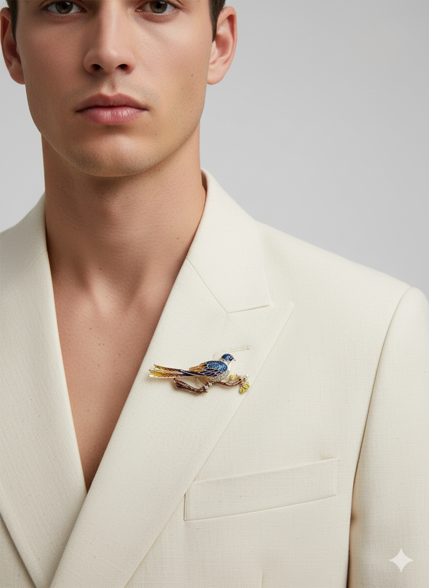Unisex Enamel Bird on Branch Brooch with Pearls