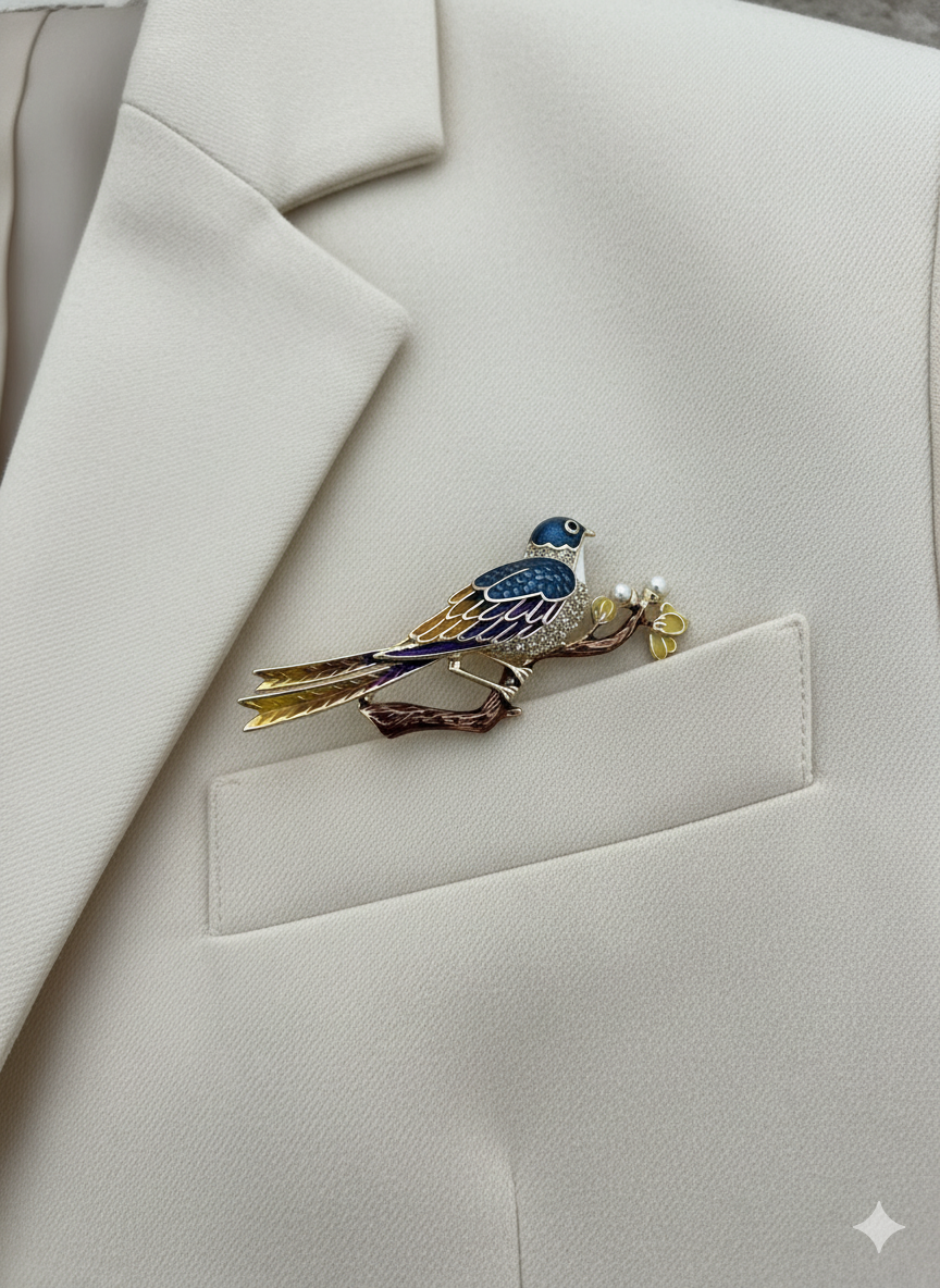 Unisex Enamel Bird on Branch Brooch with Pearls