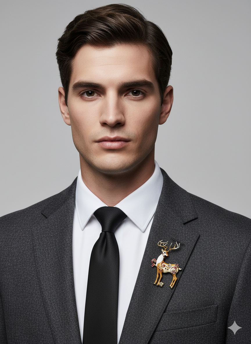 Men’s Enamel Reindeer Brooch with Floral Detailing