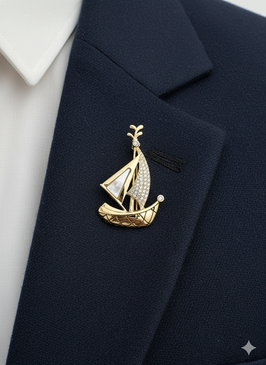 Men’s Sailboat Brooch with Mother of Pearl & Stones
