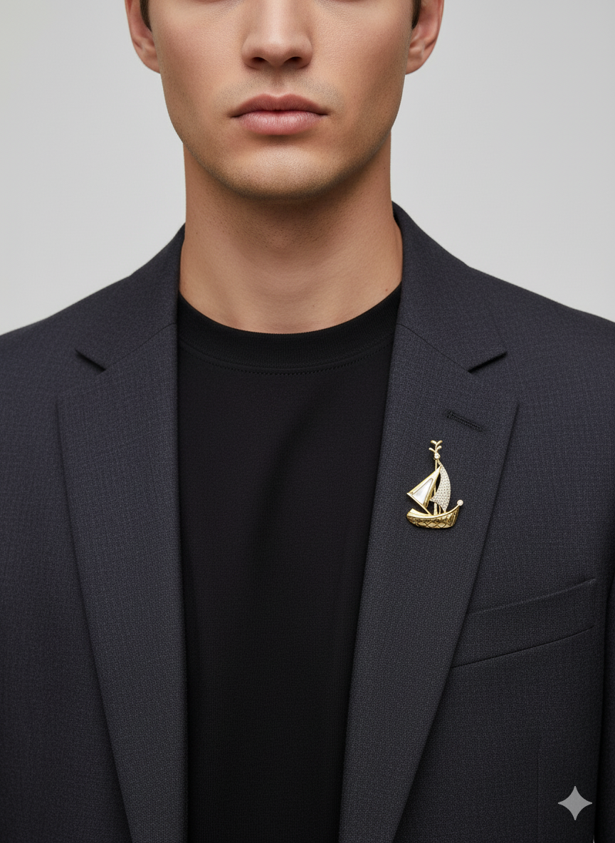 Men’s Sailboat Brooch with Mother of Pearl & Stones