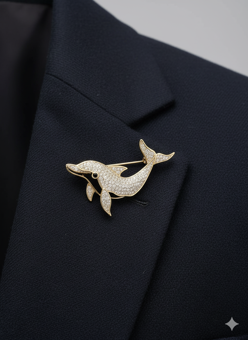 Unisex Dolphin Brooch with Crystal Accents