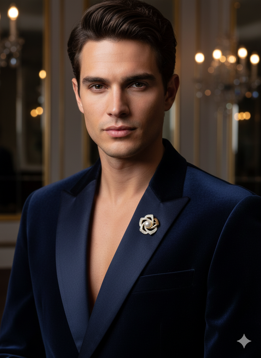 Unisex Pearl Rose Brooch with Crystal Accents