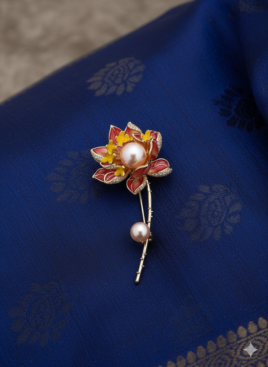 Women’s Lotus Pearl Brooch with Enamel Detailing