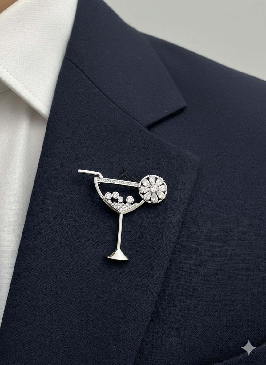 Unisex Cocktail Glass Brooch with Crystal Detailing