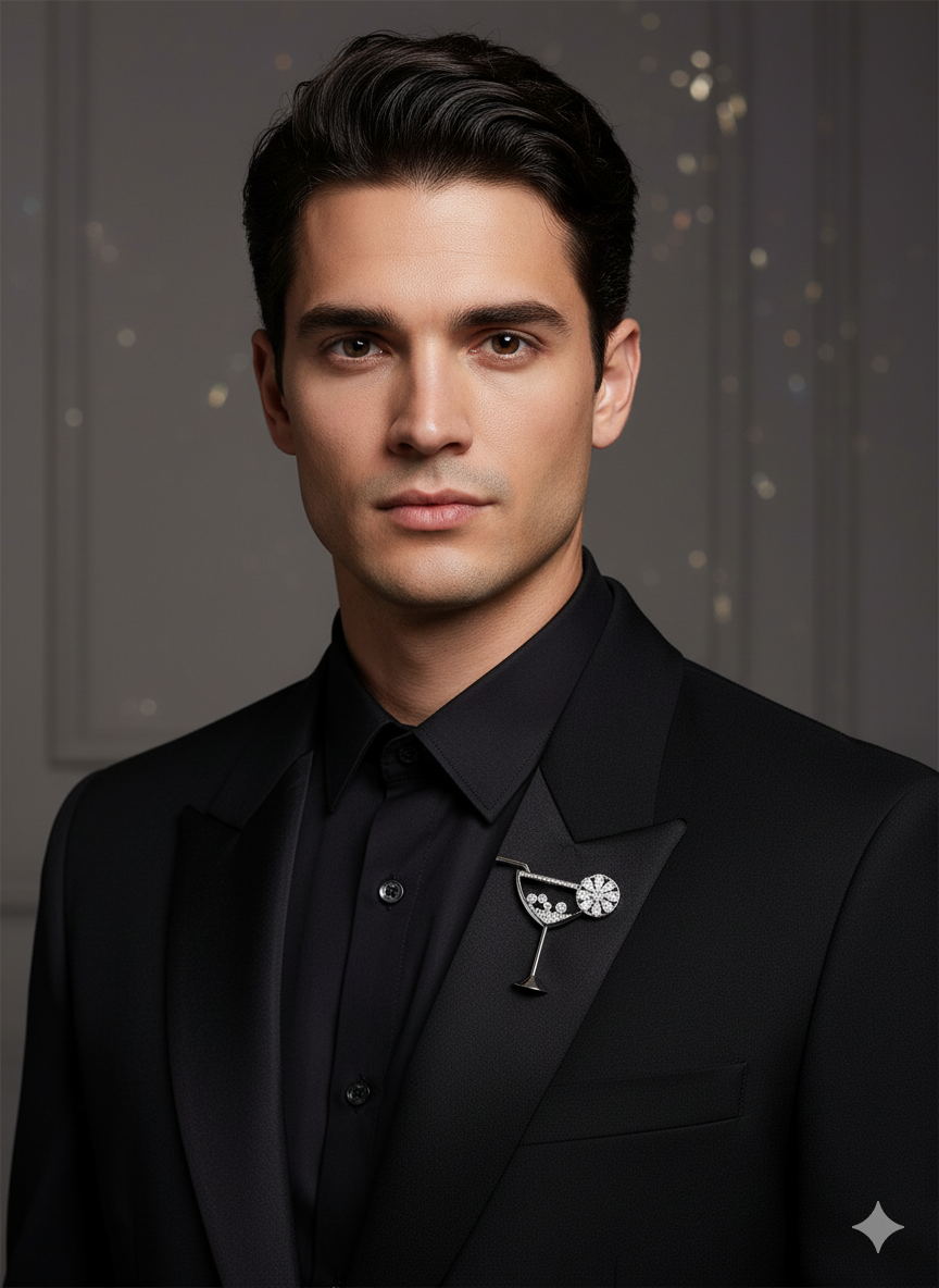 Unisex Cocktail Glass Brooch with Crystal Detailing