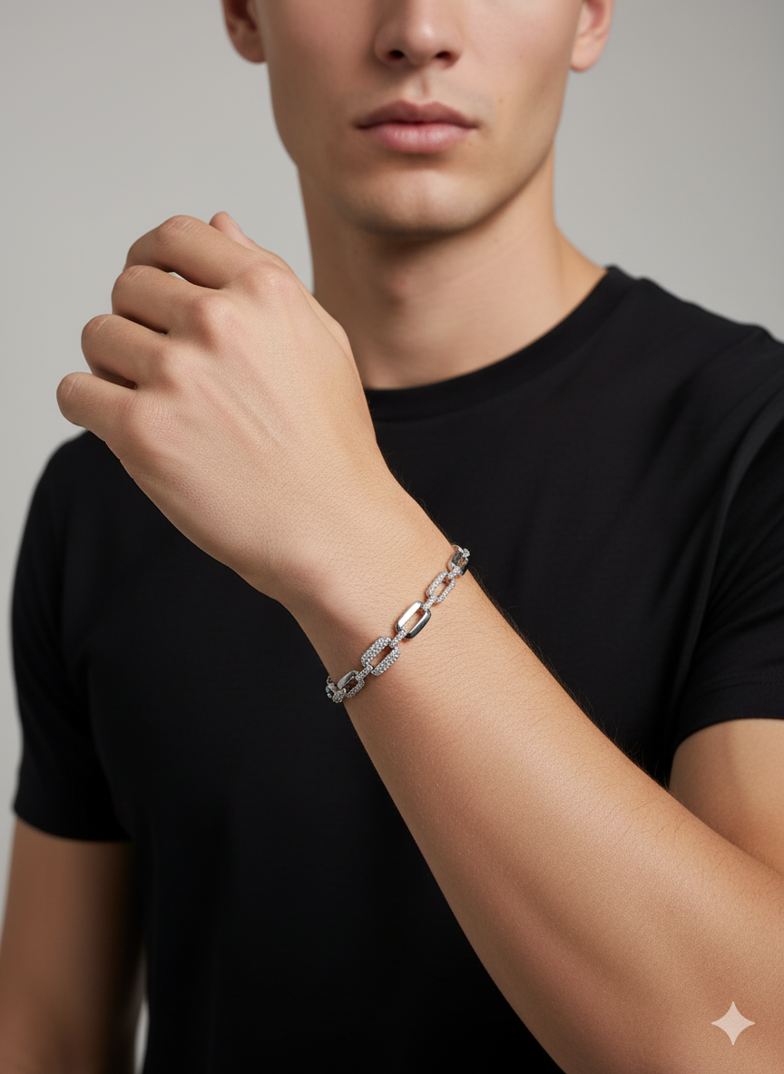 Men’s Iced Link Chain Bracelet in Silver Finish