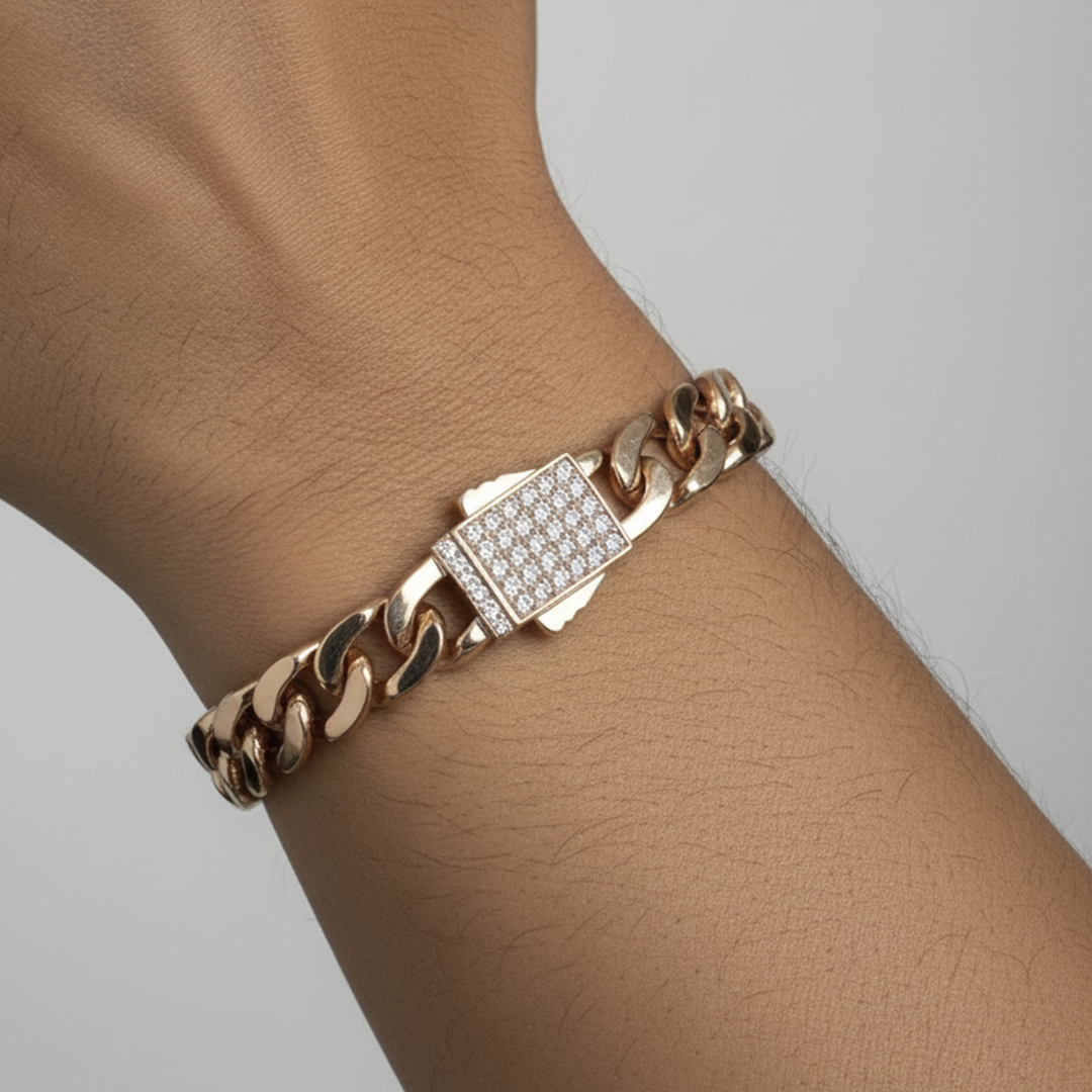 Men’s Rose Gold Cuban Bracelet with Iced Clasp