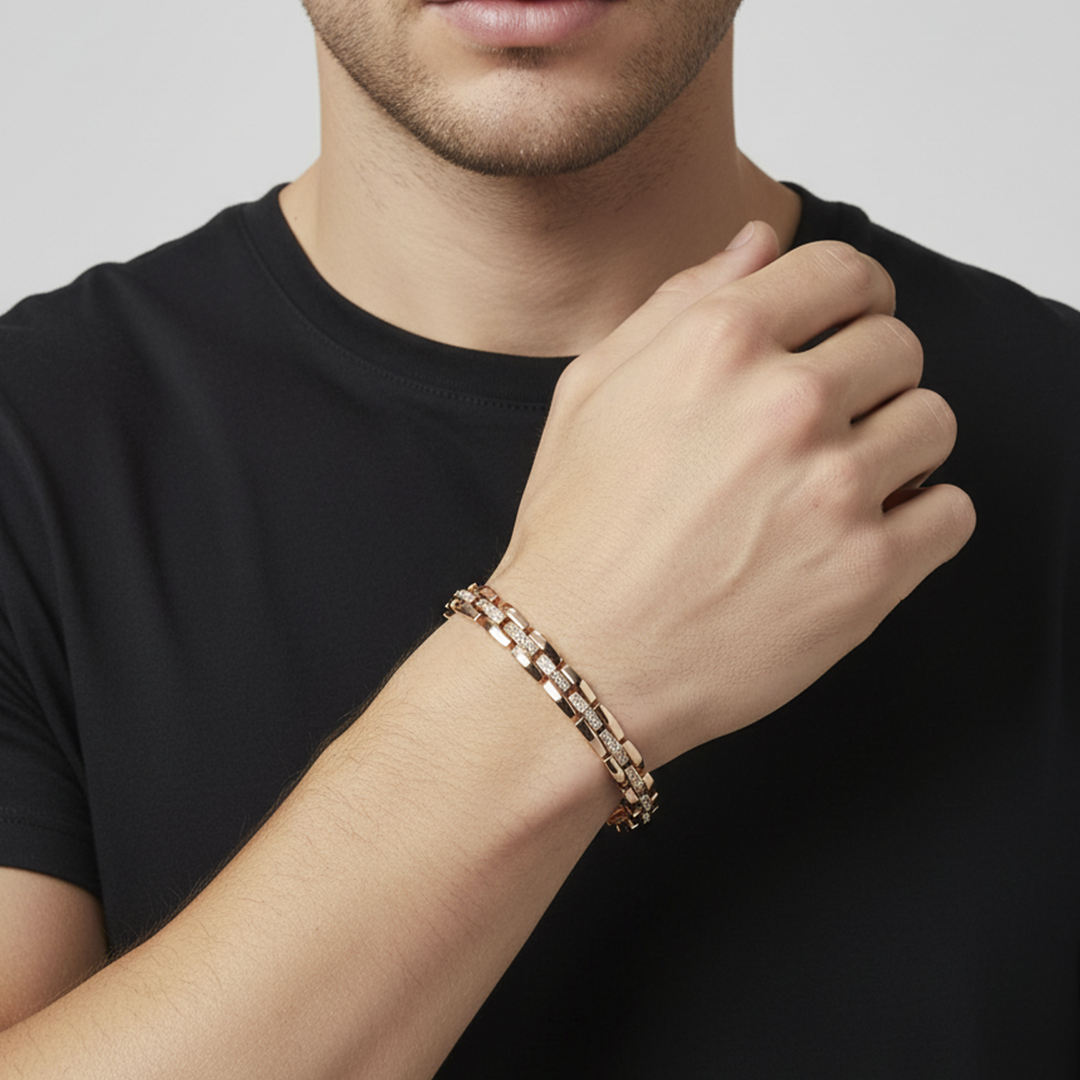 Men’s Rose Gold Box Link Bracelet with Stone Accents