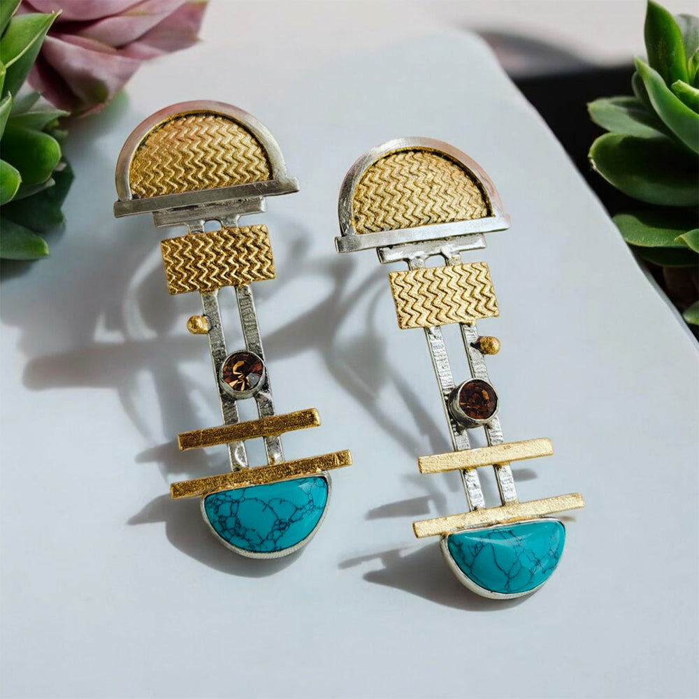 Antique Gold & Silver Fusion Earrings In Turquoise